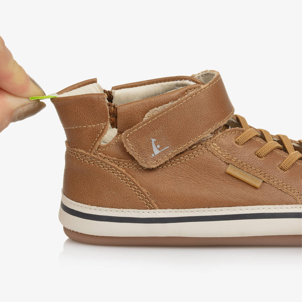 Tip Toey Joey-Baby Boys Brown Leather High-Top Trainers | Childrensalon