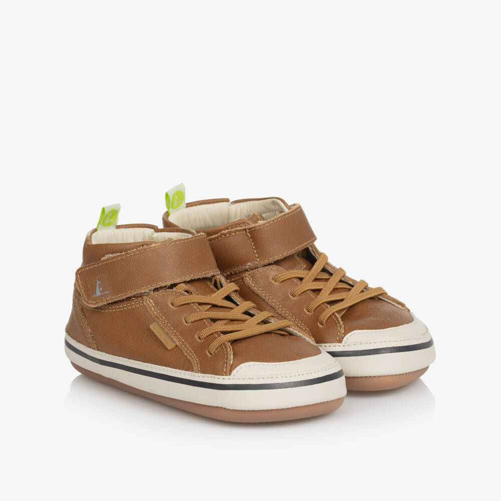 Tip Toey Joey-Baby Boys Brown Leather High-Top Trainers | Childrensalon