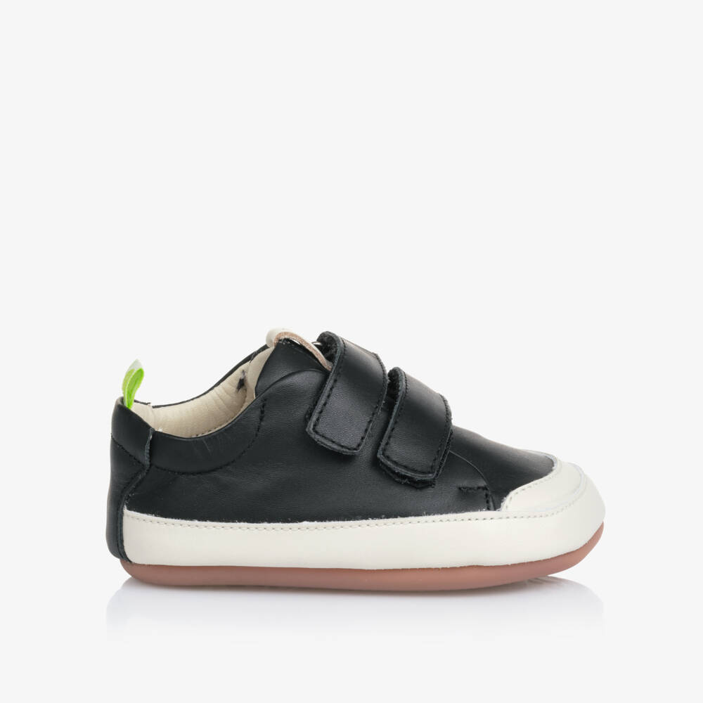 Tip Toey Joey-Black Leather Velcro Trainers With Elasticated Back | Childrensalon
