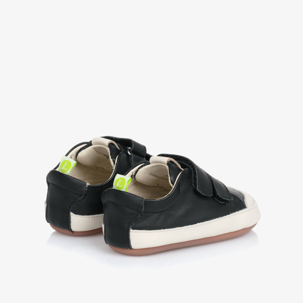 Tip Toey Joey-Black Leather Velcro Trainers With Elasticated Back | Childrensalon