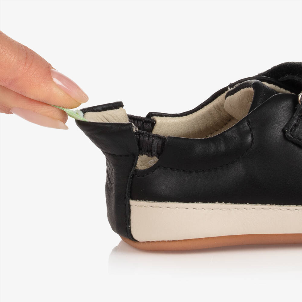 Tip Toey Joey-Black Leather Velcro Trainers With Elasticated Back | Childrensalon
