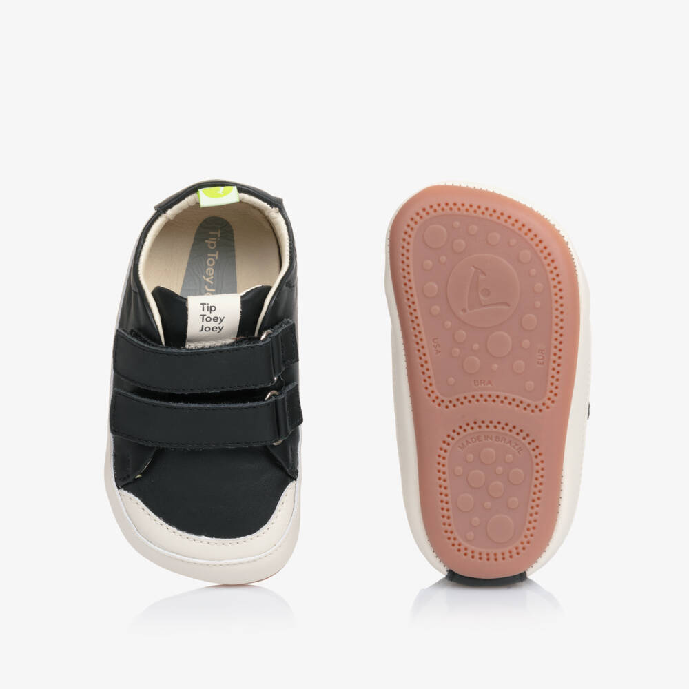 Tip Toey Joey-Black Leather Velcro Trainers With Elasticated Back | Childrensalon