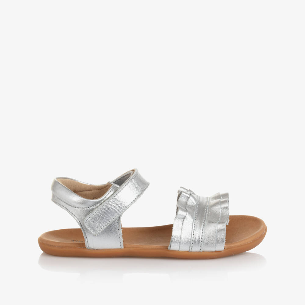 Tip Toey Joey-Girls Silver Leather Ruffle Sandals | Childrensalon
