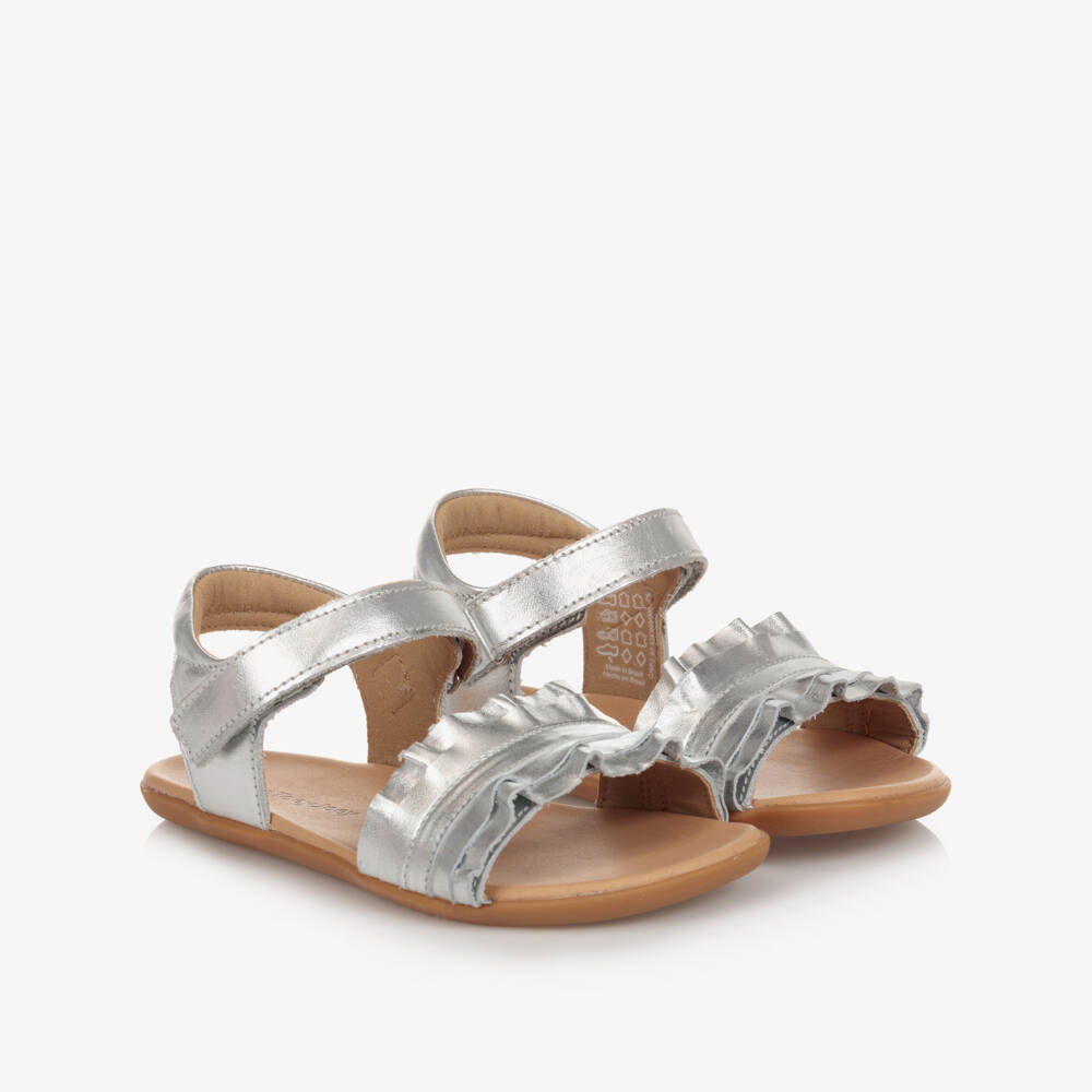 Tip Toey Joey-Серебристые кожаные сандалии с рюшами для девочек | Childrensalon