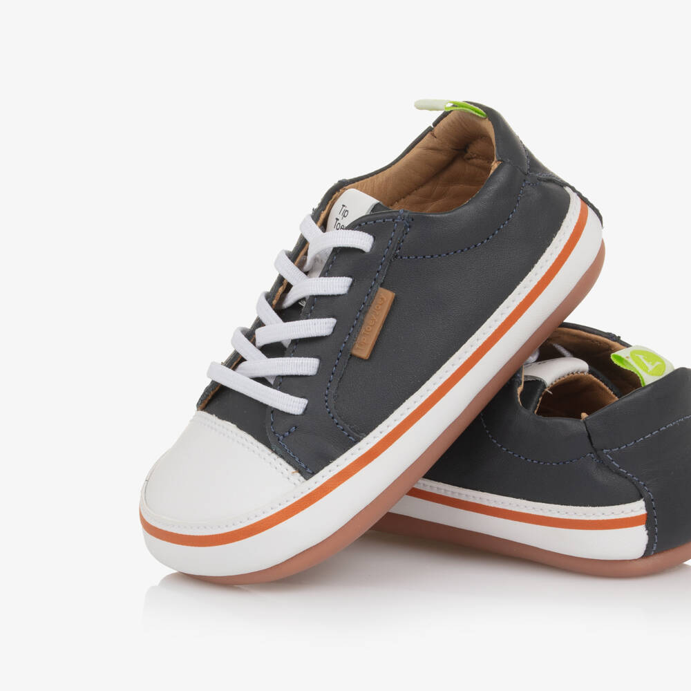 Tip Toey Joey-Navy Blue Leather Trainers with Elasticated Laces | Childrensalon