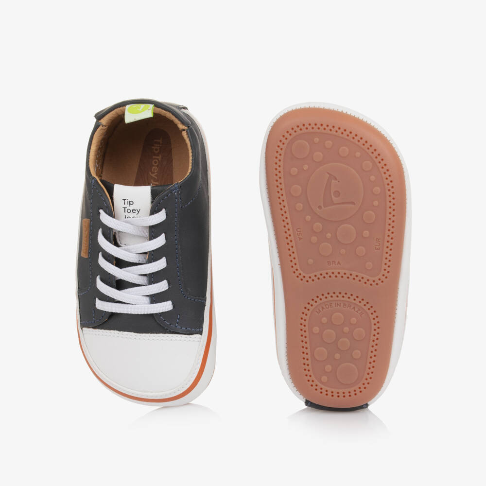 Tip Toey Joey-Navy Blue Leather Trainers with Elasticated Laces | Childrensalon