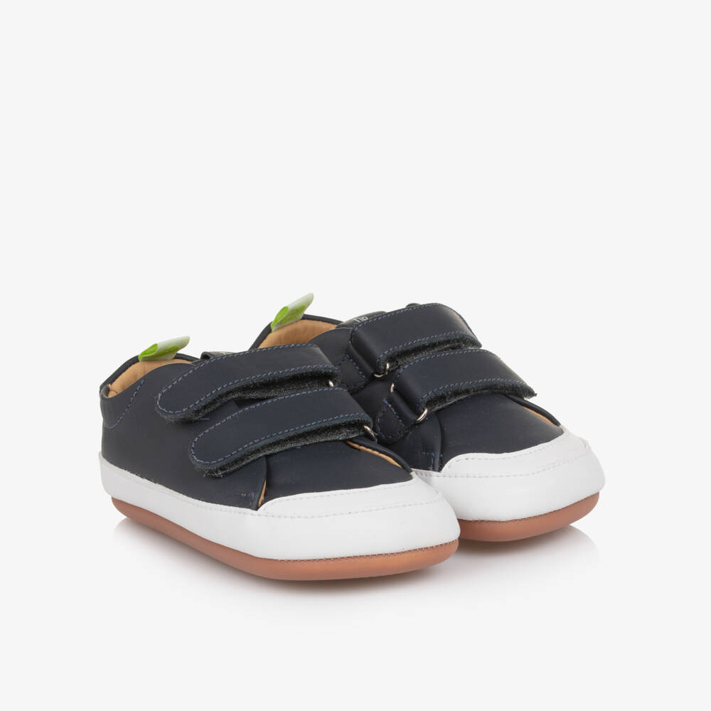 Tip Toey Joey-Navy Blue Leather Velcro Trainers | Childrensalon