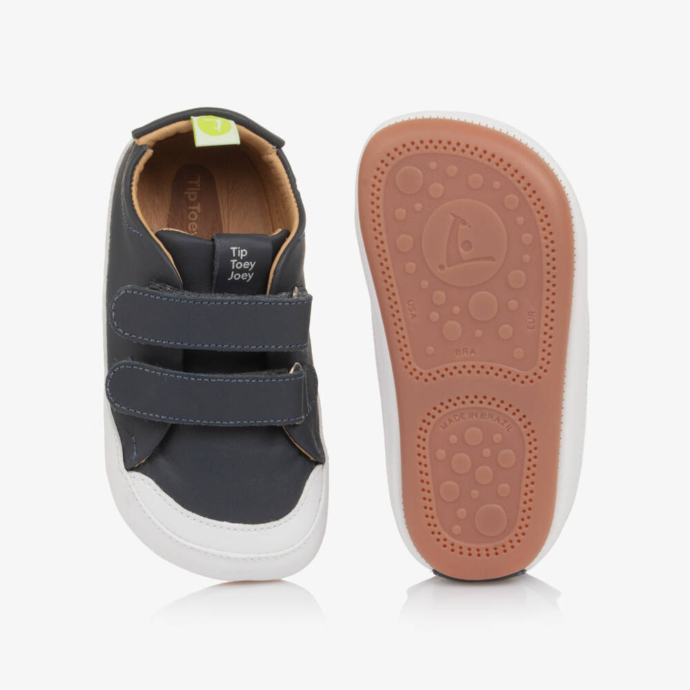 Tip Toey Joey-Navy Blue Leather Velcro Trainers | Childrensalon