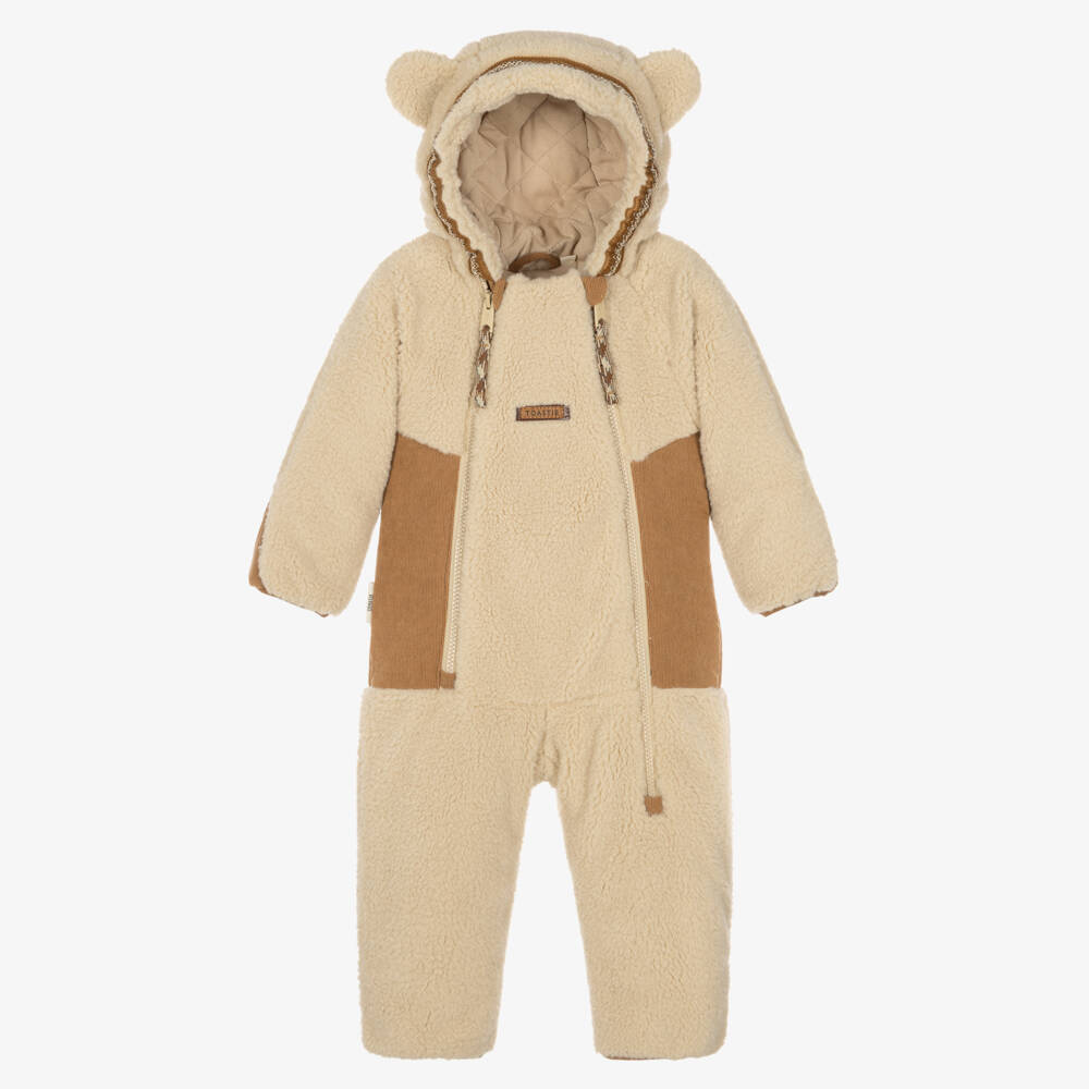 Töastie-Baby Beige Sherpa Hooded Pramsuit | Childrensalon