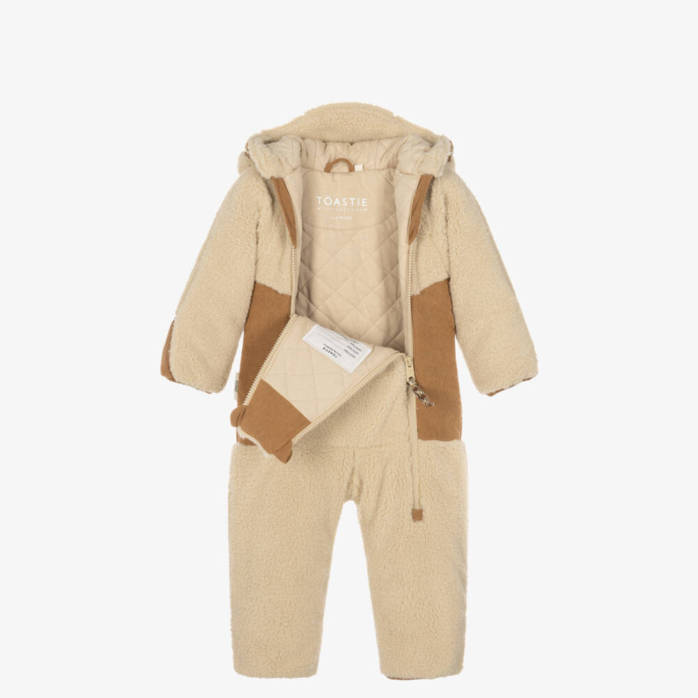Töastie-Baby Beige Sherpa Hooded Pramsuit | Childrensalon