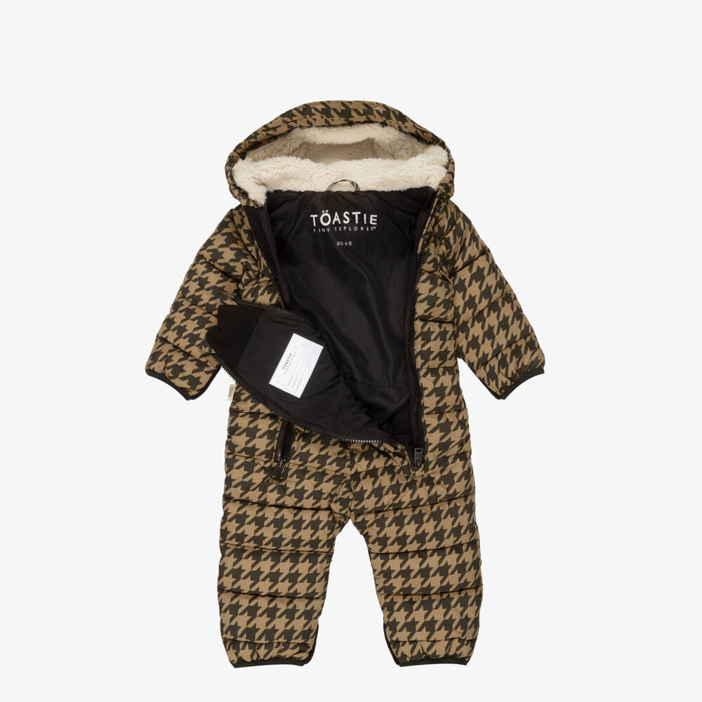 Töastie-Brown Padded Houndstooth Baby Snowsuit with Hood | Childrensalon
