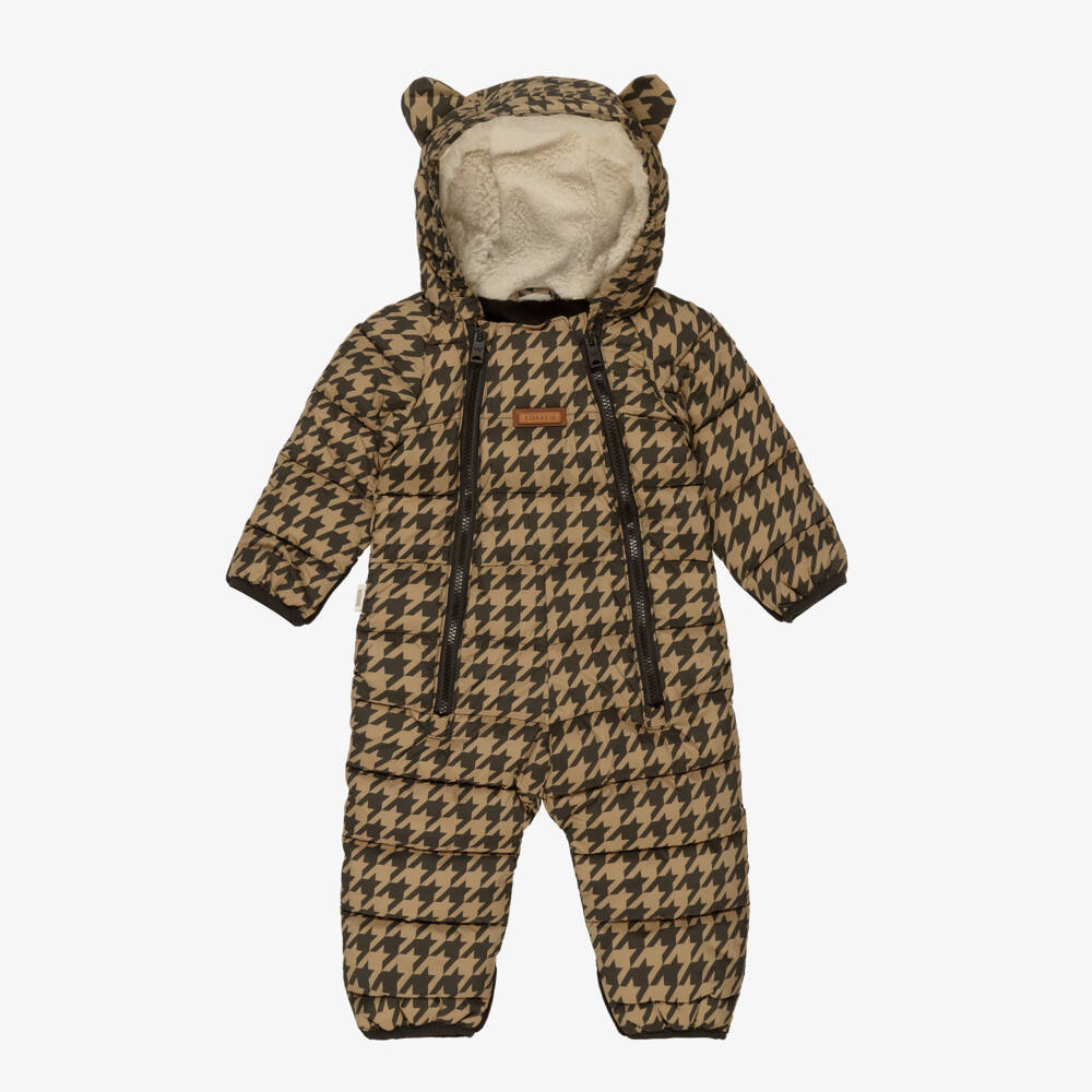 Töastie-Brown Padded Houndstooth Baby Snowsuit with Hood | Childrensalon