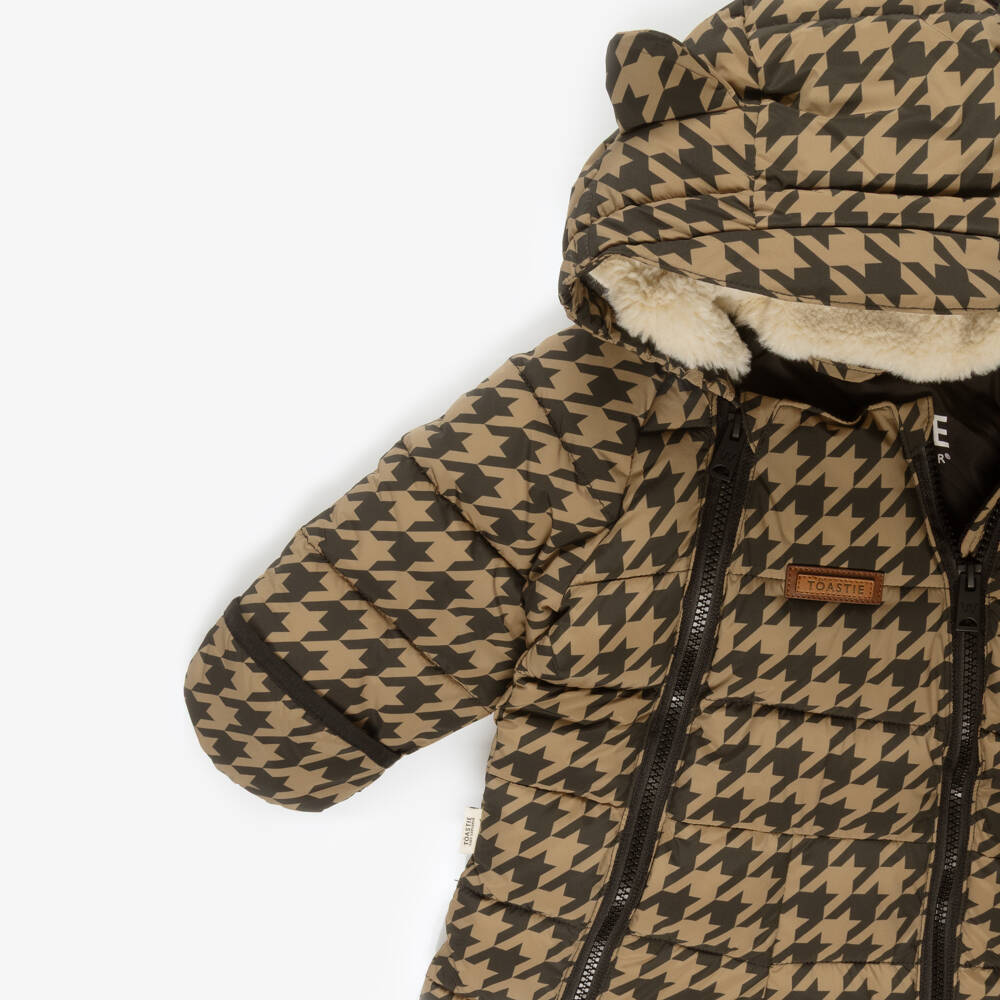 Töastie-Brown Padded Houndstooth Baby Snowsuit with Hood | Childrensalon