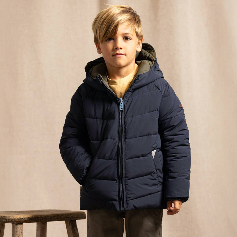 Töastie-Navy Blue & Khaki Green Reversible Puffer Jacket | Childrensalon