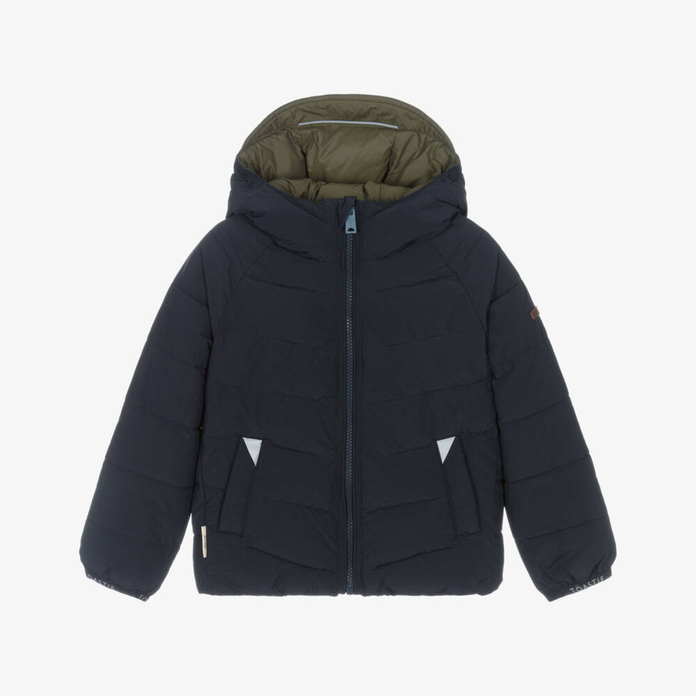 Töastie-Navy Blue & Khaki Green Reversible Puffer Jacket | Childrensalon
