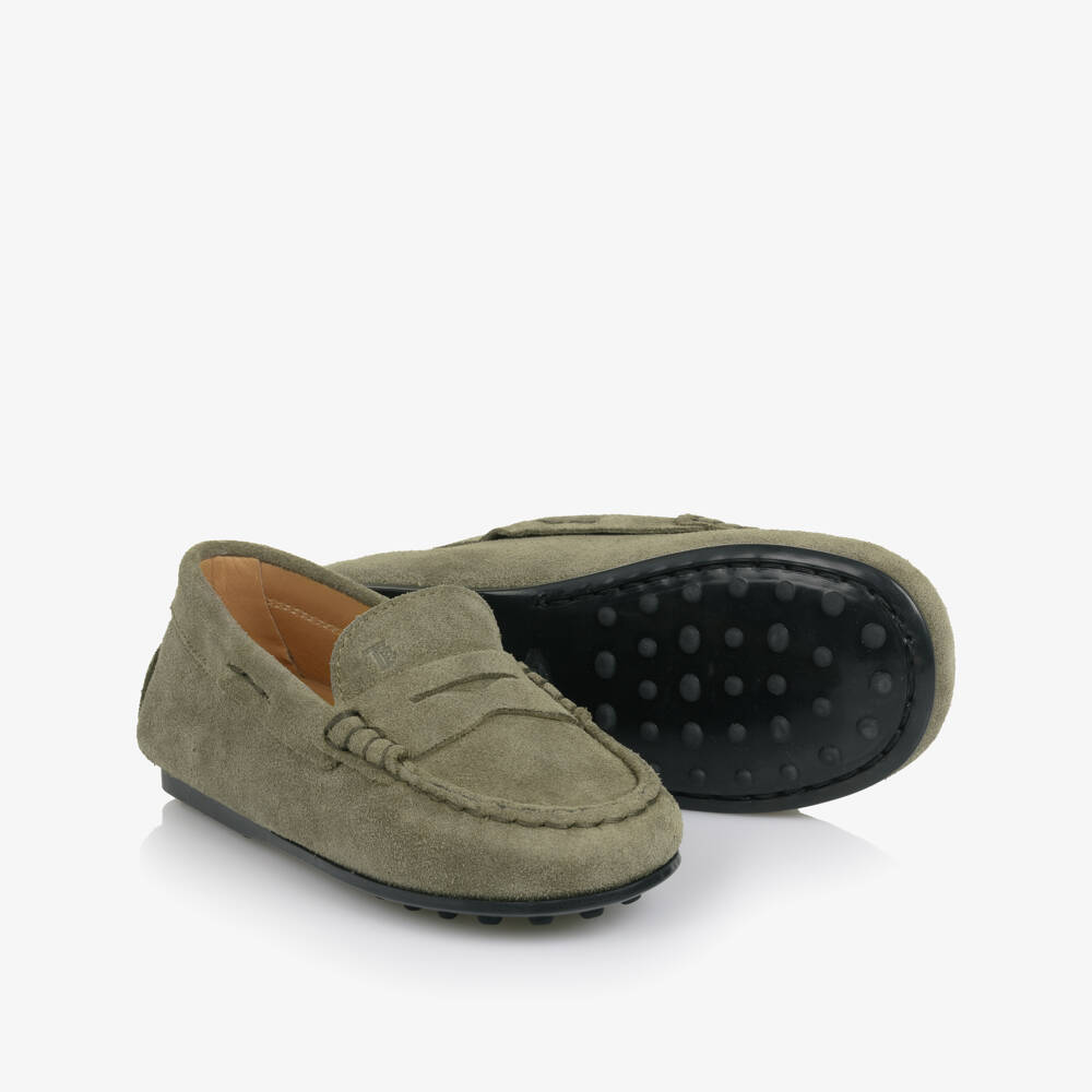 Tod's-Khaki Green Suede Moccasins | Childrensalon