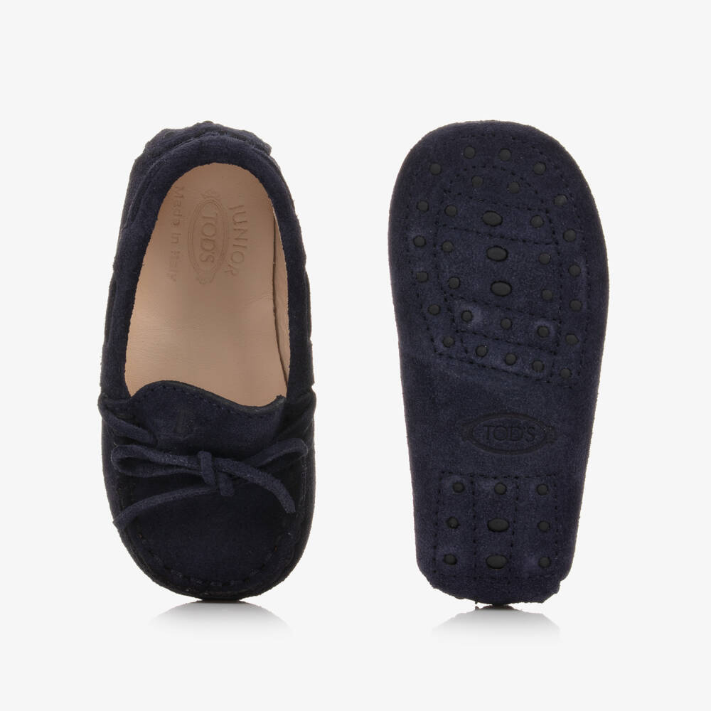 Tod's-Navy Blue Suede Leather Moccasins With Bow | Childrensalon
