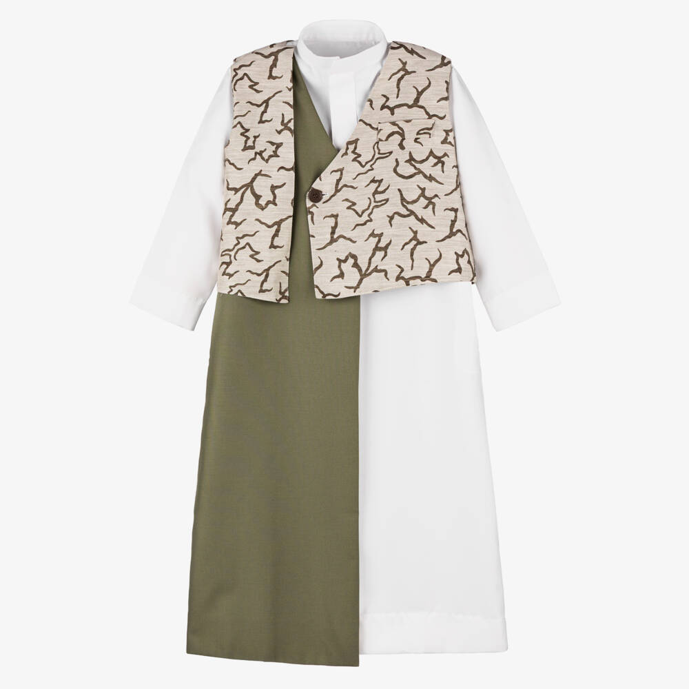 Tomi Fashion-Boys Ivory Twill Thobe with Green & Beige Panels | Childrensalon