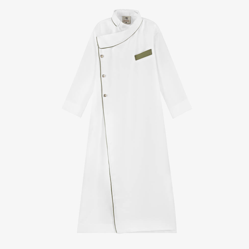 Tomi Fashion-Boys Ivory Twill Thobe with Olive Green Trims | Childrensalon
