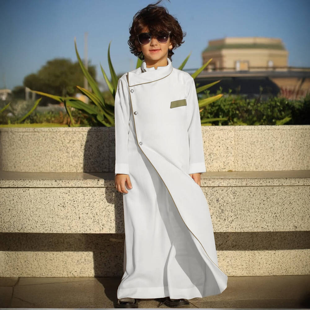 Tomi Fashion-Boys Ivory Twill Thobe with Olive Green Trims | Childrensalon