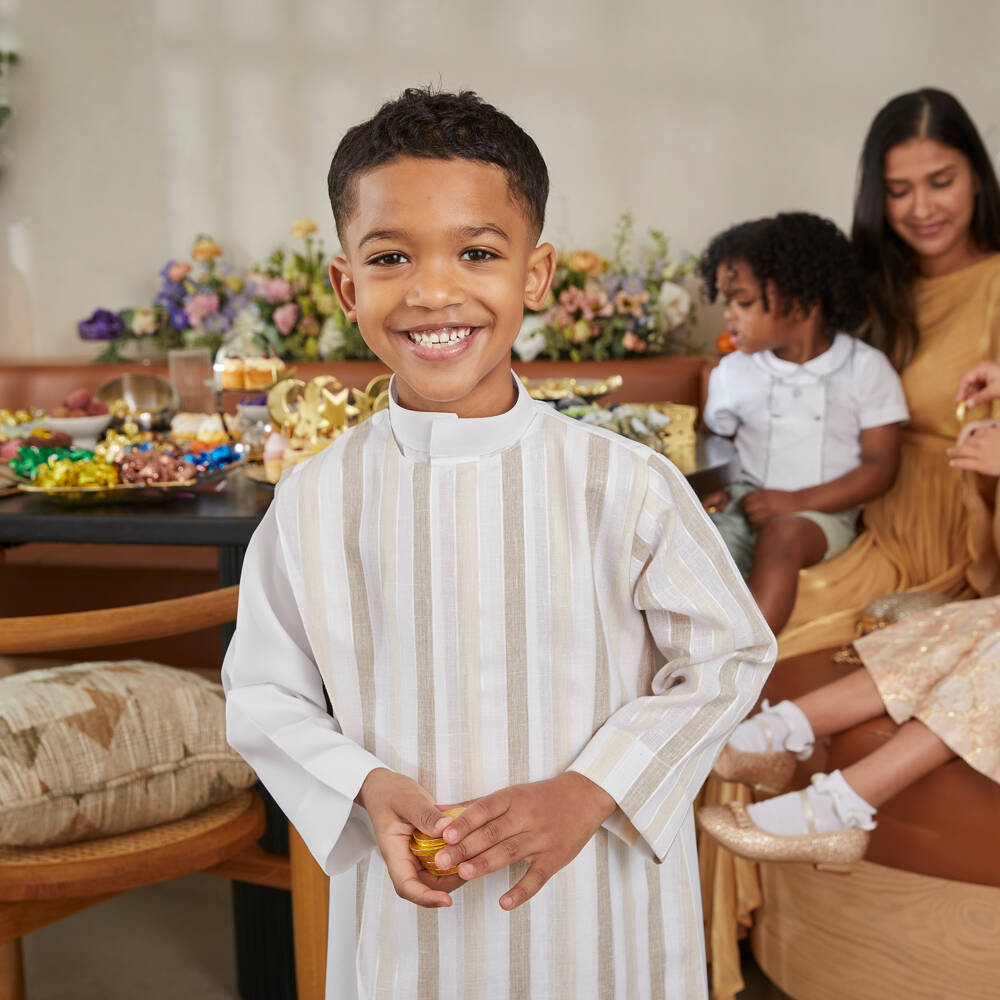 Tomi Fashion-Boys White & Beige Striped Twill Thobe | Childrensalon