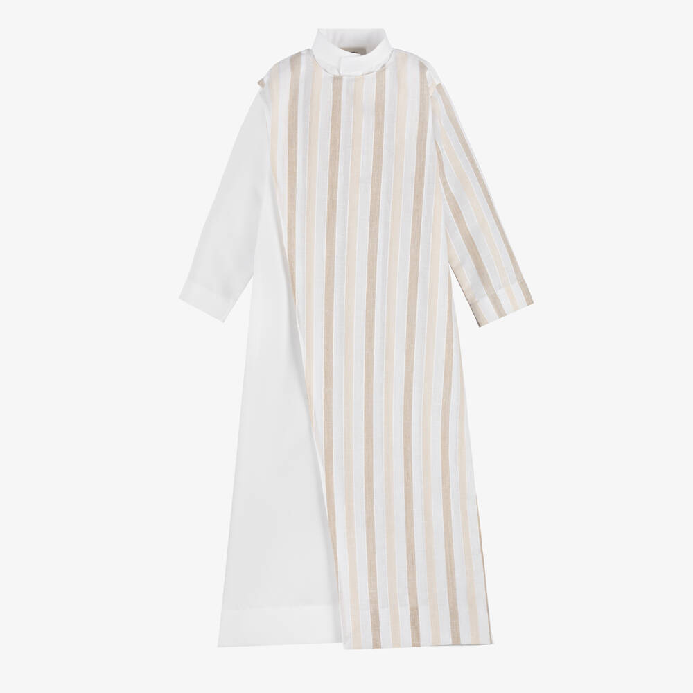 Tomi Fashion-Boys White & Beige Striped Twill Thobe | Childrensalon