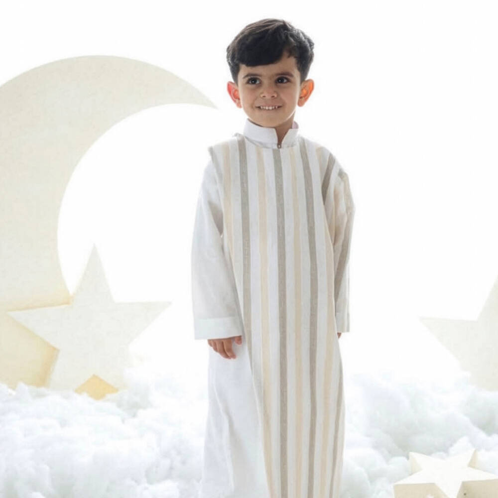 Tomi Fashion-Boys White & Beige Striped Twill Thobe | Childrensalon