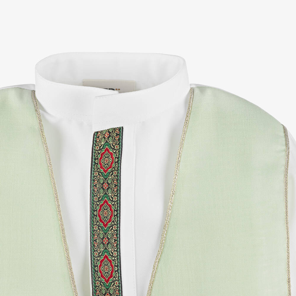 Tomi Fashion-Boys White Twill Thobe with Green Panels & Embroidered Placket | Childrensalon