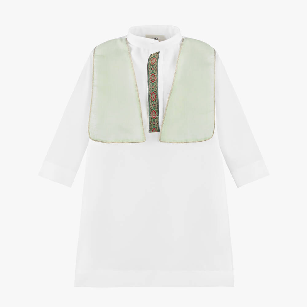 Tomi Fashion-Boys White Twill Thobe with Green Panels & Embroidered Placket | Childrensalon