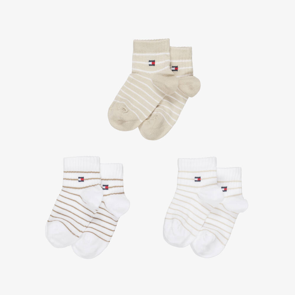 Tommy Hilfiger-Baby Beige & White Ankle Socks (3 Pack) | Childrensalon