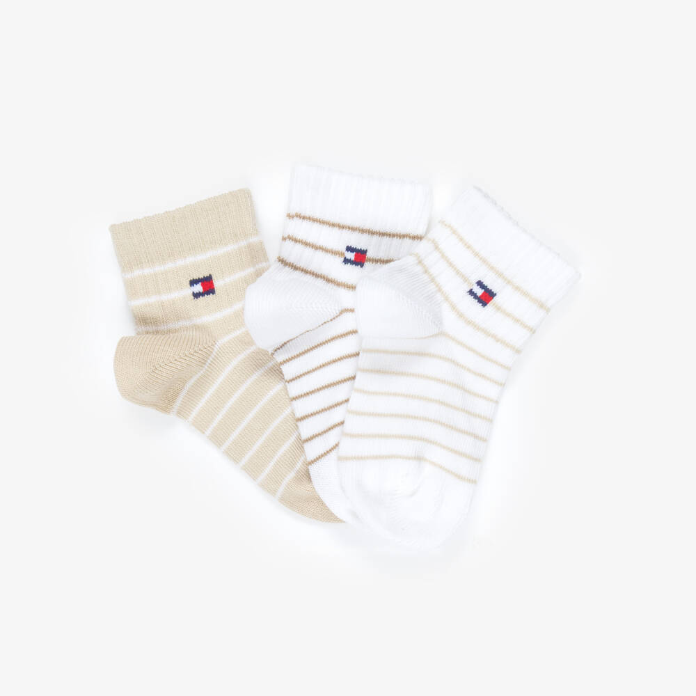 Tommy Hilfiger-Baby Beige & White Ankle Socks (3 Pack) | Childrensalon