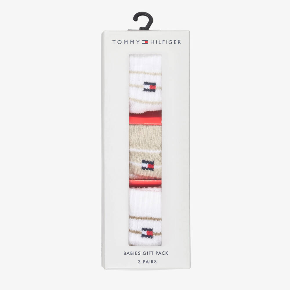 Tommy Hilfiger-Baby Beige & White Ankle Socks (3 Pack) | Childrensalon