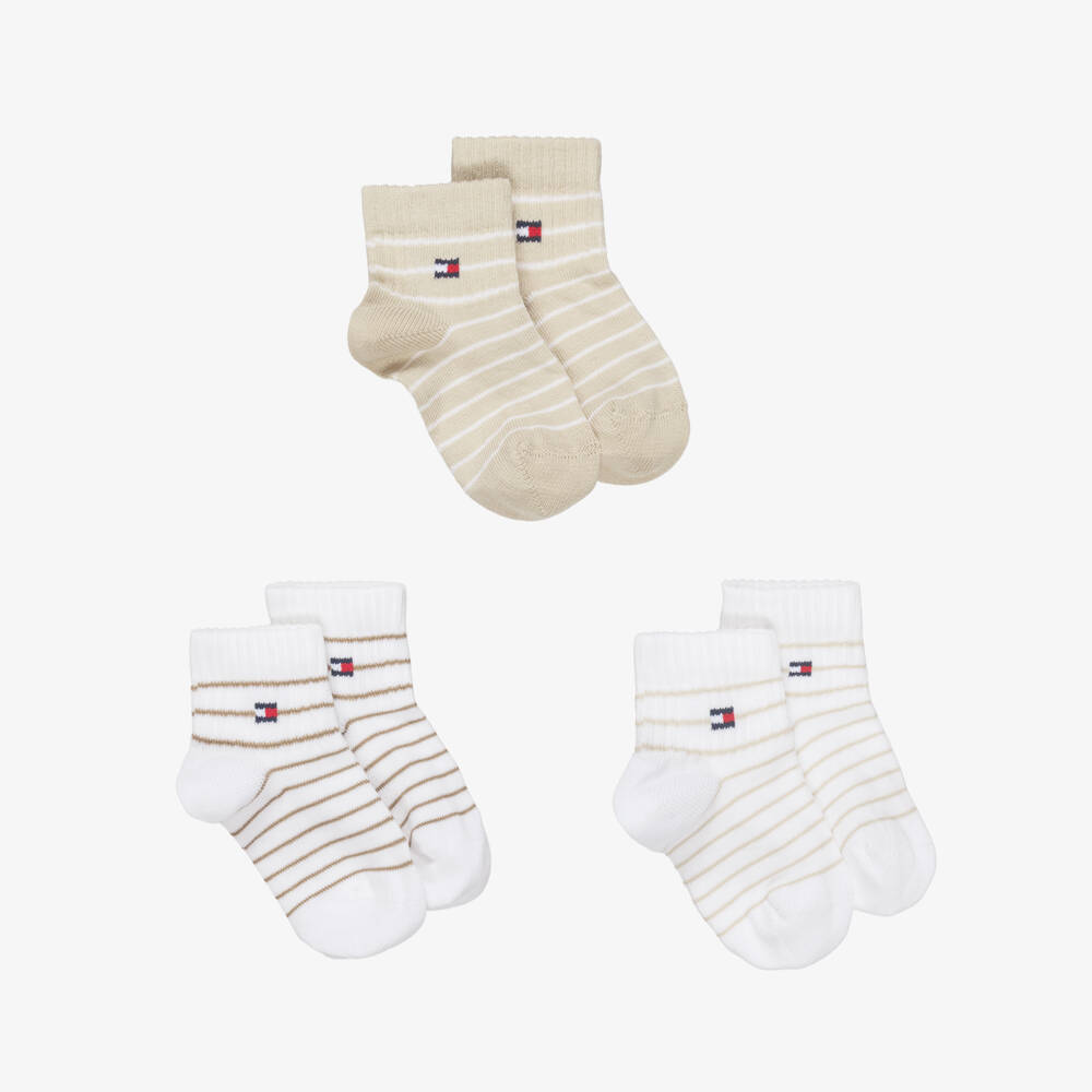 Tommy Hilfiger-Baby Boys Beige & White Ankle Socks (3 Pack) | Childrensalon