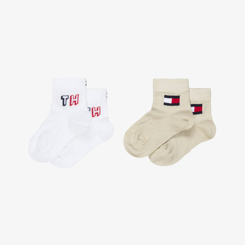 Tommy Hilfiger-Baby Boys Beige & White Logo Ankle Socks (2 Pack) | Childrensalon