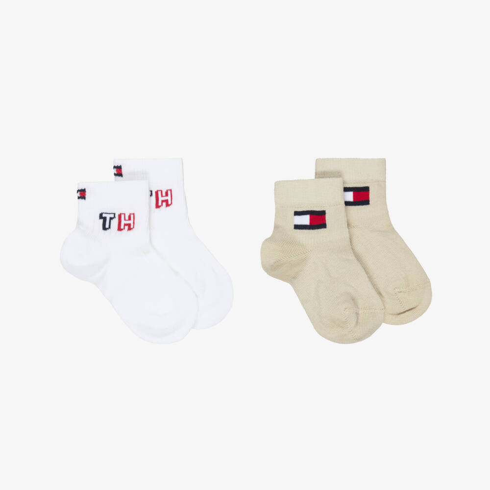 Tommy Hilfiger-Baby Boys Beige & White Logo Ankle Socks (2 Pack) | Childrensalon
