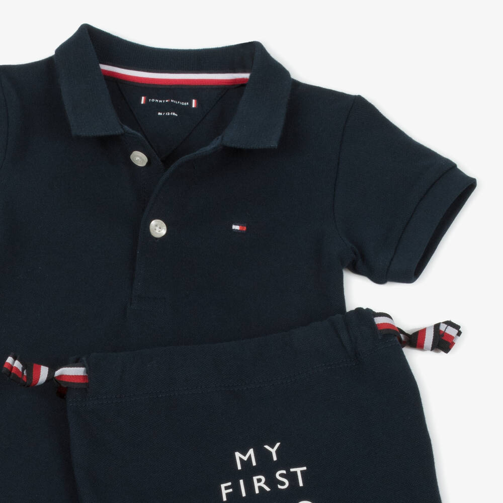 Tommy Hilfiger-Baby Boys Blue Cotton Polo Bodysuit | Childrensalon