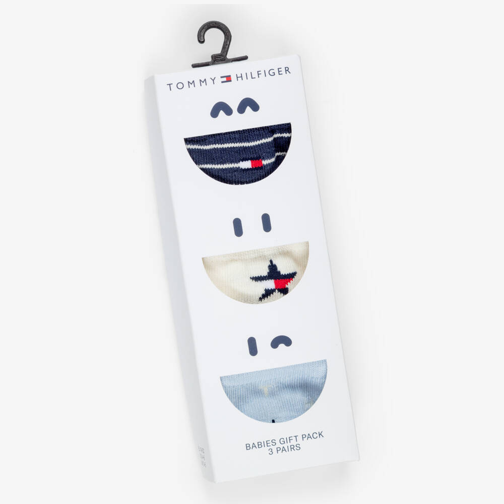 Tommy Hilfiger-Baby Boys Blue & Ivory Socks with Logos (3 pack) | Childrensalon
