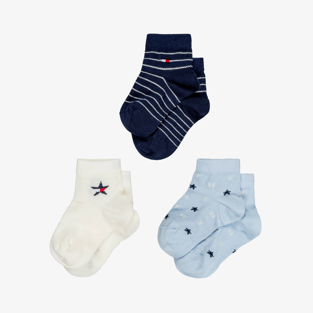 Tommy Hilfiger-Baby Boys Blue & Ivory Socks with Logos (3 pack) | Childrensalon