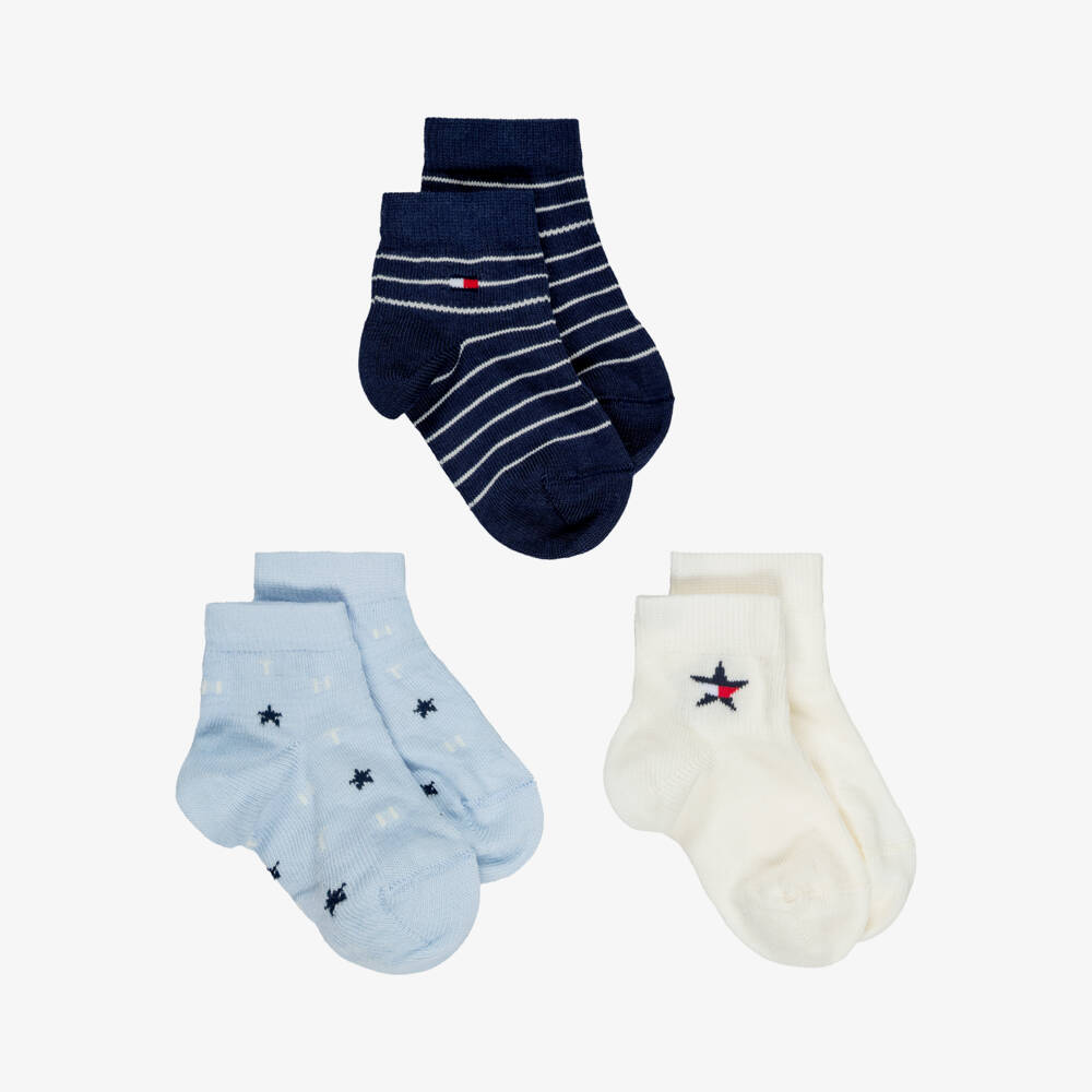 Tommy Hilfiger-Baby Boys Blue & Ivory Socks with Logos (3 pack) | Childrensalon
