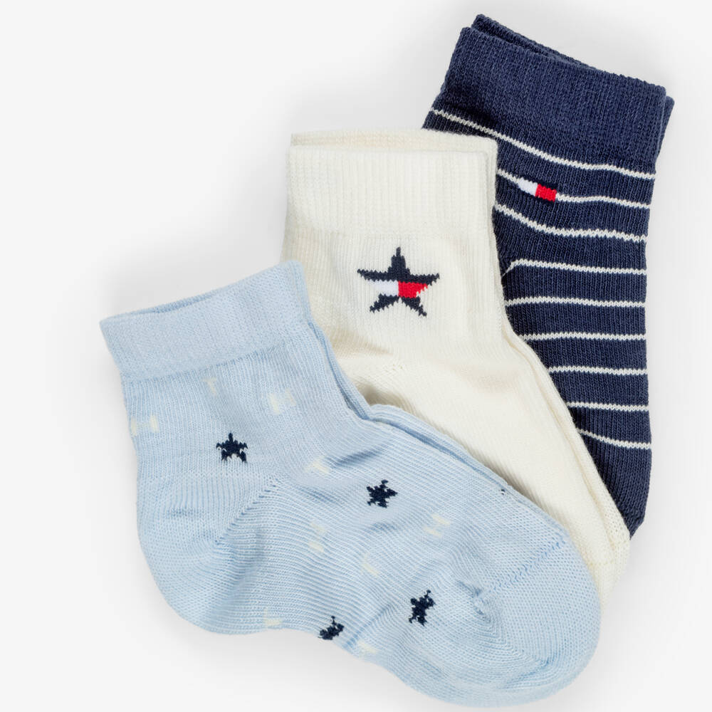 Tommy Hilfiger-Baby Boys Blue & Ivory Socks with Logos (3 pack) | Childrensalon