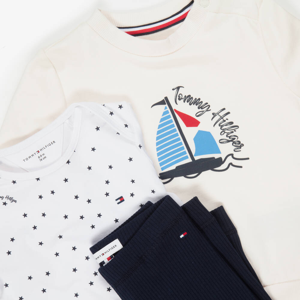 Tommy Hilfiger-Baby Boys Ivory & Blue Ribbed Leggings Set | Childrensalon