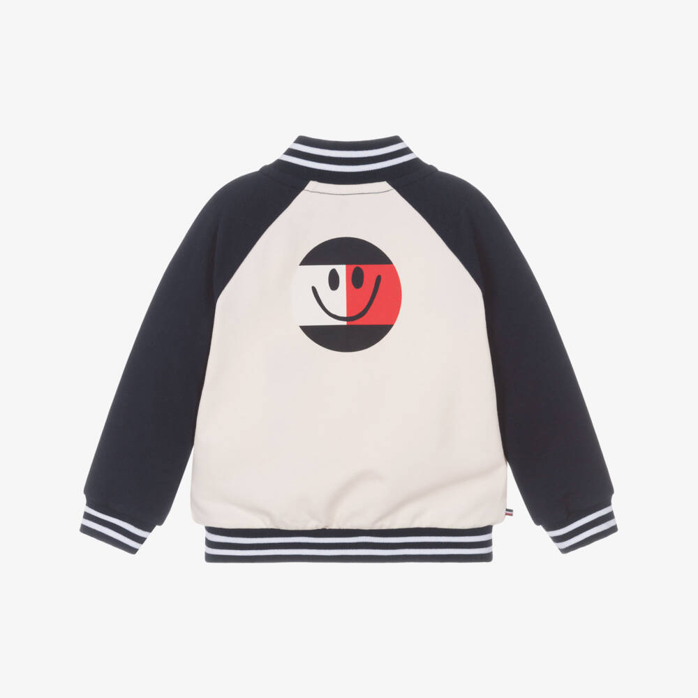 Tommy Hilfiger-Baby Boys Ivory & Navy Blue Cotton Jersey Bomber Jacket | Childrensalon