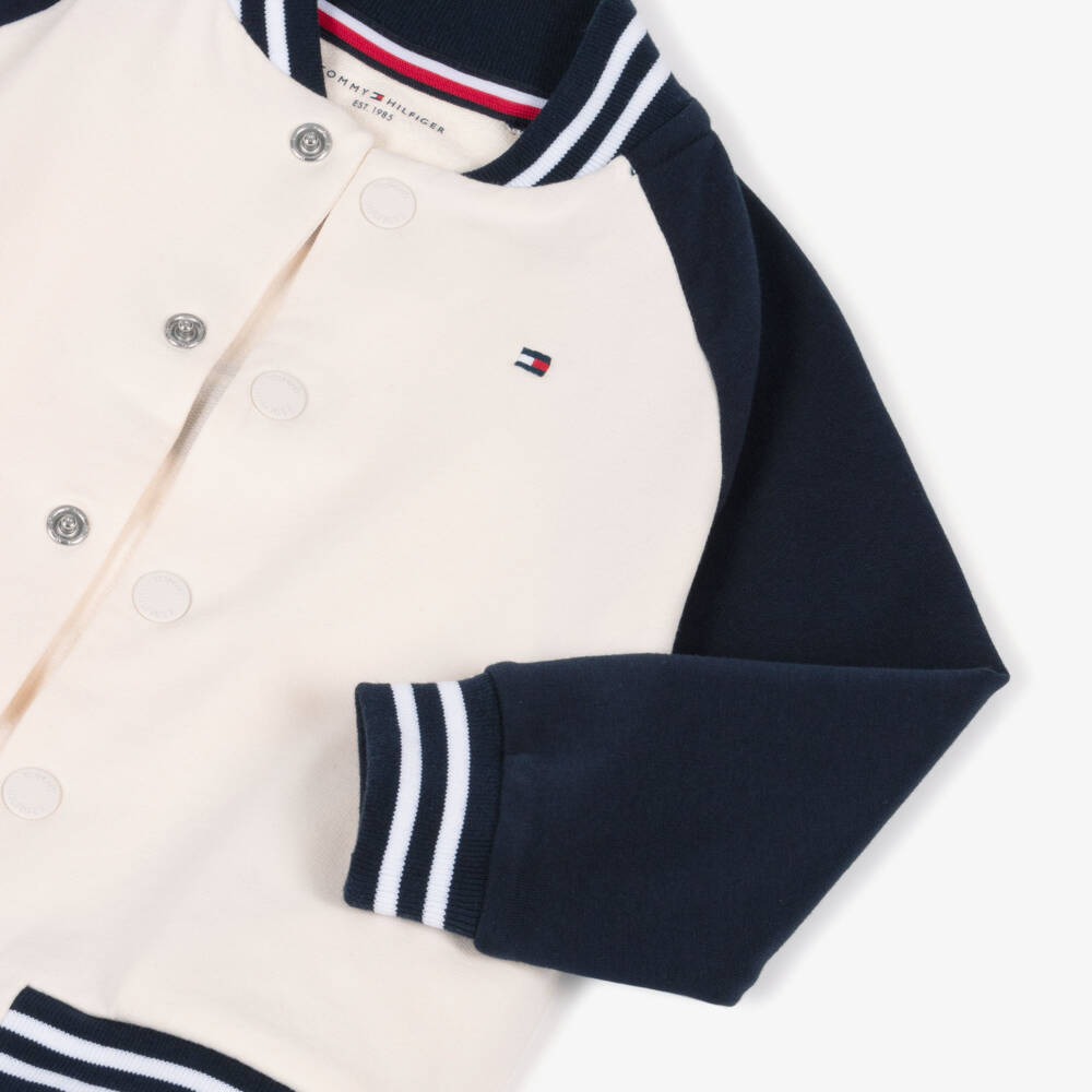 Tommy Hilfiger-Baby Boys Ivory & Navy Blue Cotton Jersey Bomber Jacket | Childrensalon