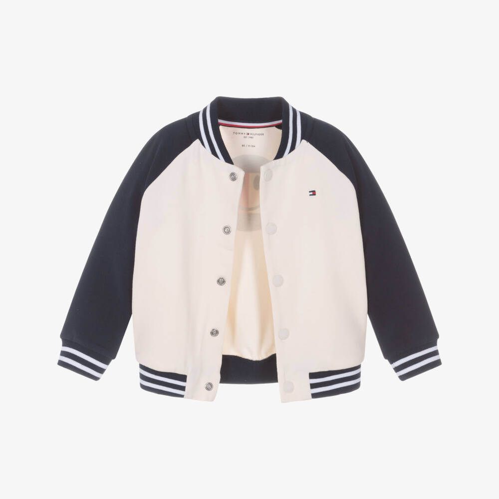 Tommy Hilfiger-Baby Boys Ivory & Navy Blue Cotton Jersey Bomber Jacket | Childrensalon