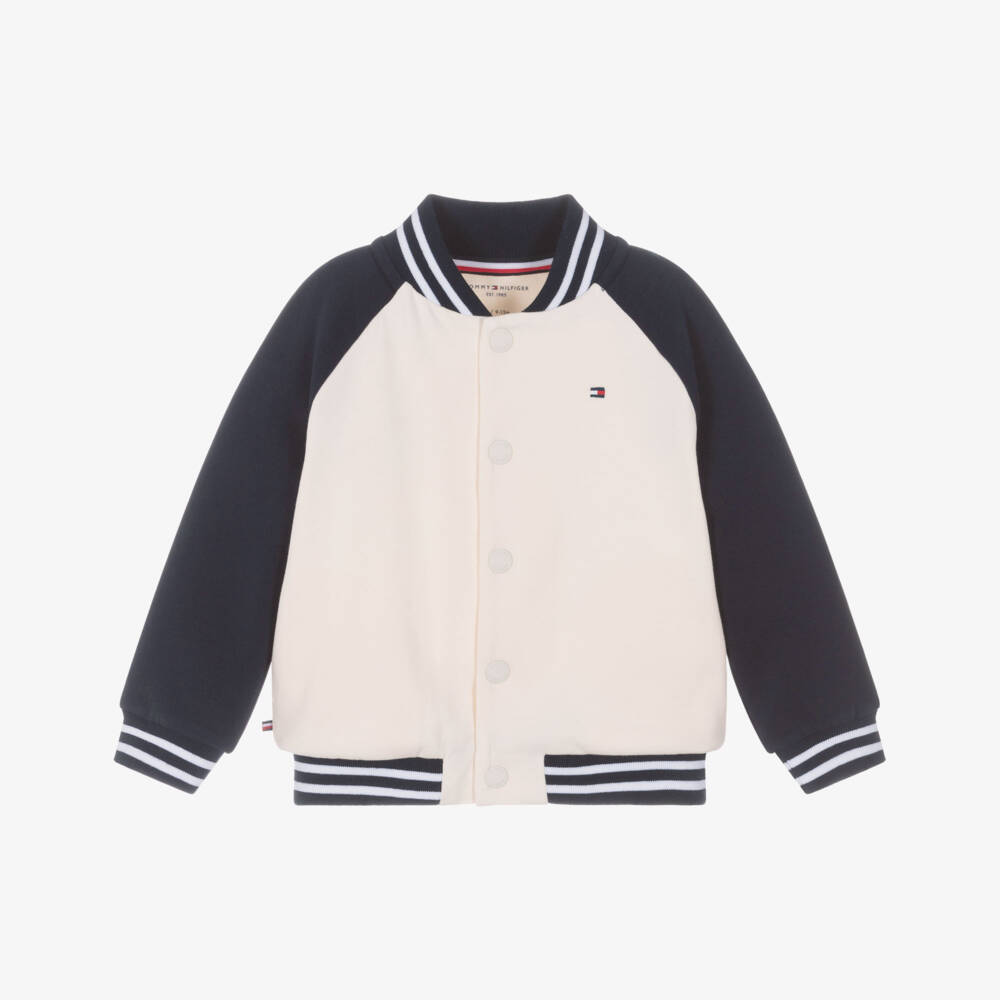 Tommy Hilfiger-Baby Boys Ivory & Navy Blue Cotton Jersey Bomber Jacket | Childrensalon