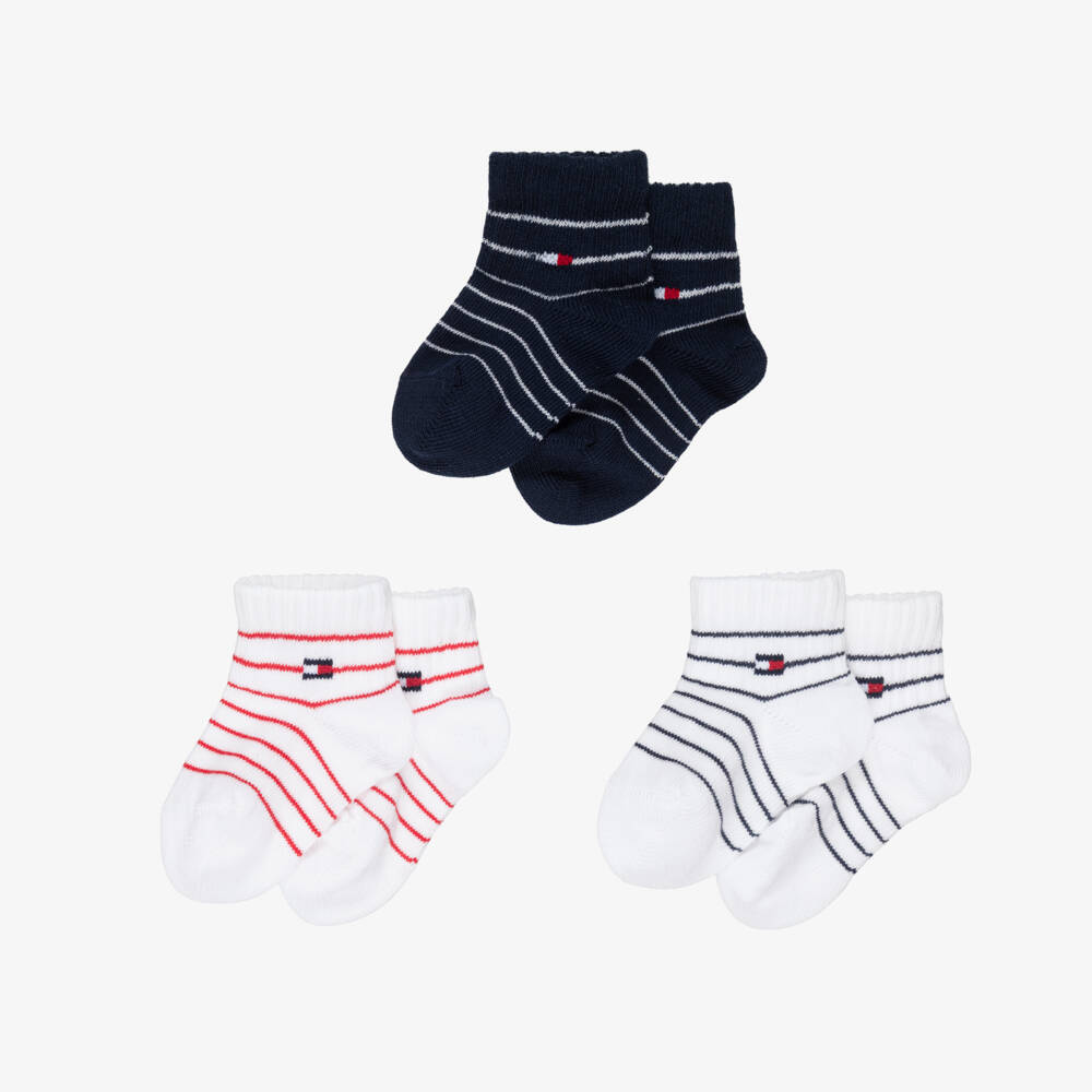 Tommy Hilfiger-Baby Boys Navy Blue & White Knitted Ankle Socks (3 Pack) | Childrensalon