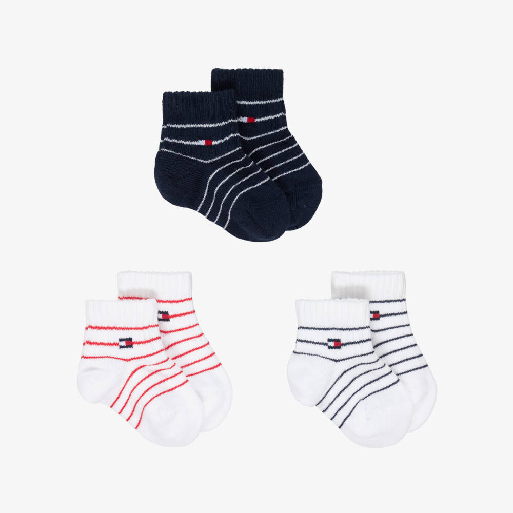 Tommy Hilfiger-Baby Boys Navy Blue & White Knitted Ankle Socks (3 Pack) | Childrensalon