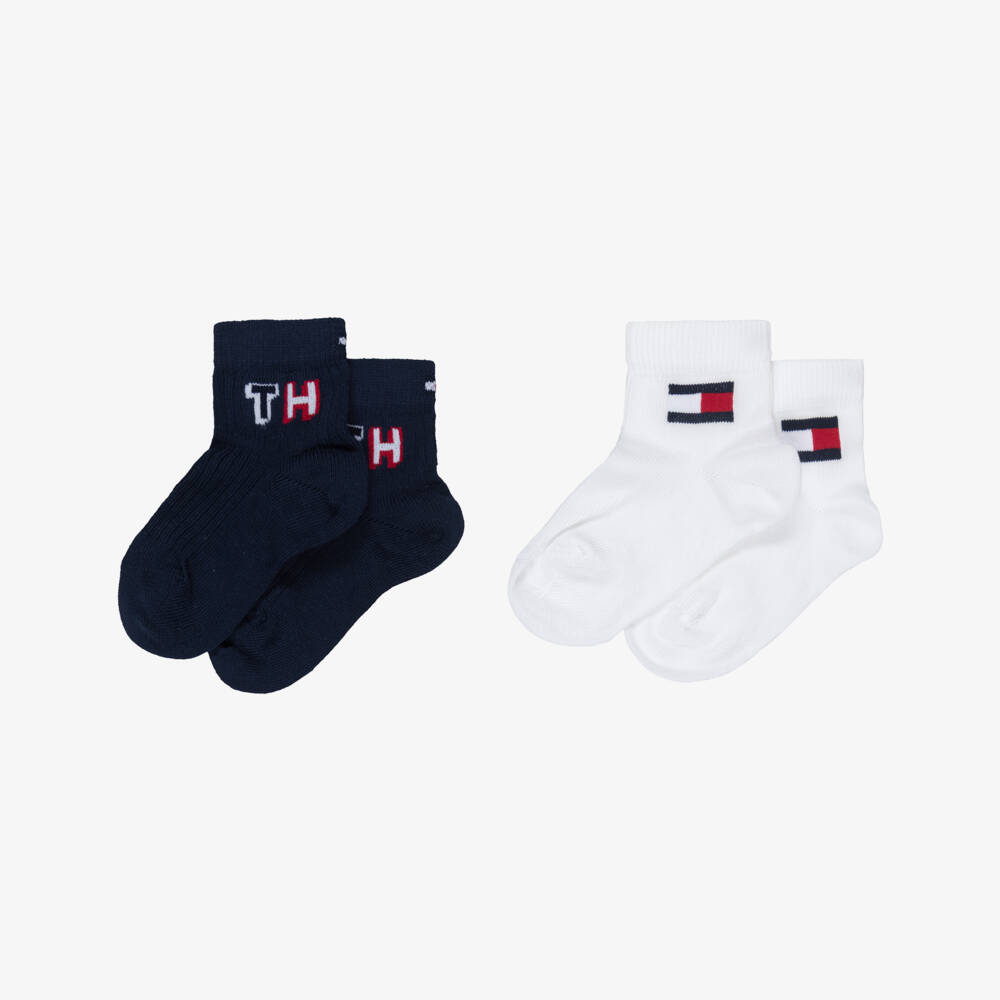 Tommy Hilfiger-Baby Boys Navy Blue & White Logo Ankle Socks (2 Pack) | Childrensalon