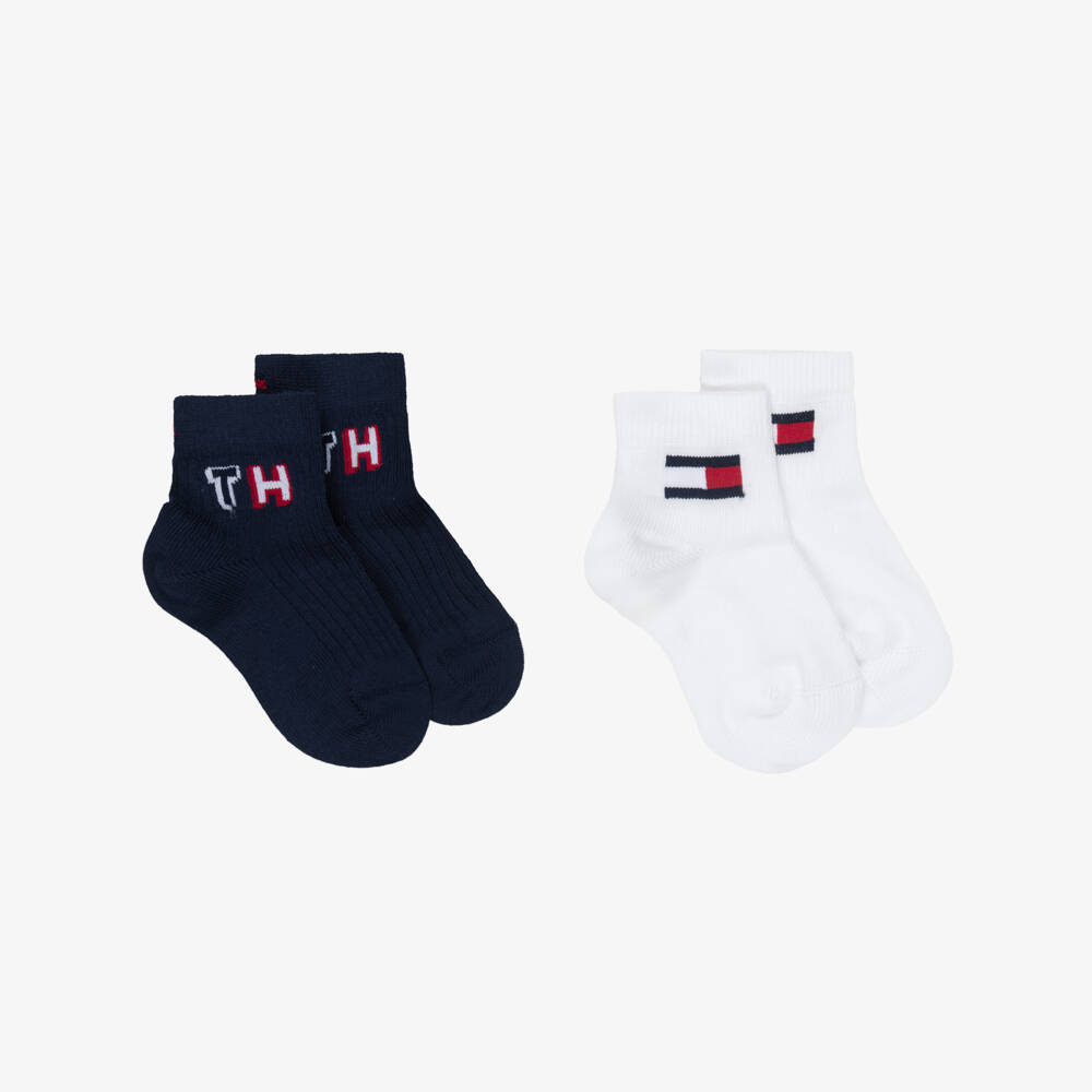 Tommy Hilfiger-Baby Boys Navy Blue & White Logo Ankle Socks (2 Pack) | Childrensalon