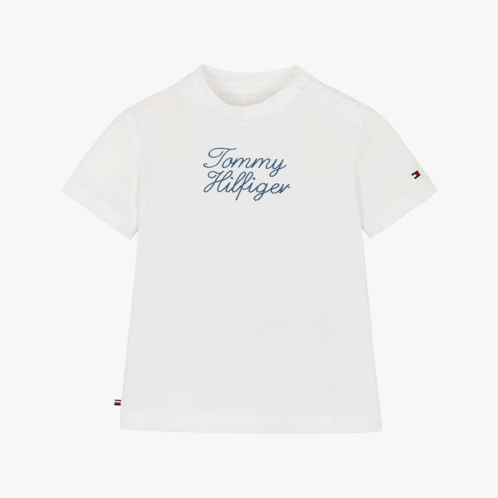 Tommy Hilfiger-Baby Boys White Cotton T-Shirt with Rope Logo | Childrensalon